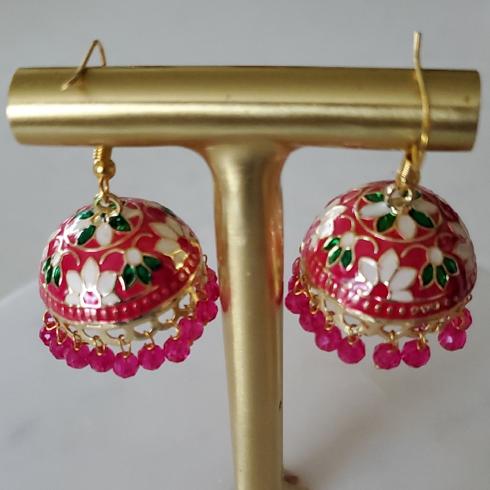 Handcrafted Pink Floral Enamel Jhumka Earrings - New